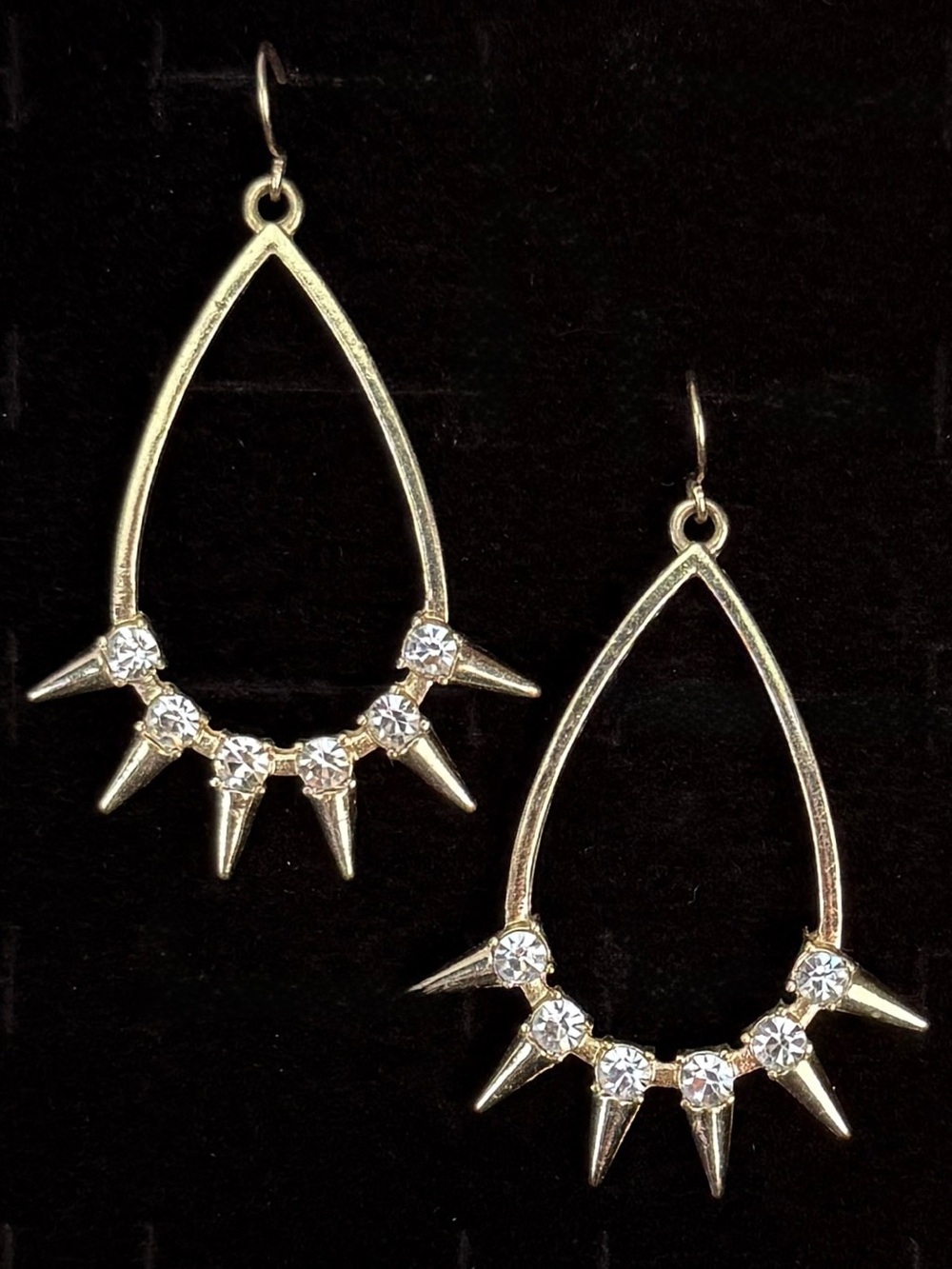 Vintage Goldtone Teardrop Spiked Pierced Earrings with Crystal Clear Bling